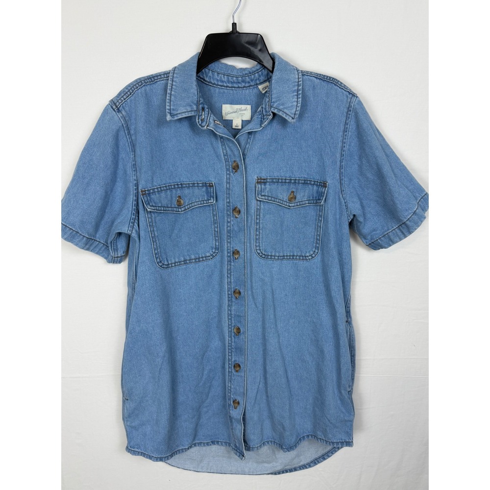Universal Thread Women Cotton Denim Shirt S Blue Short Sleeve Pocket Button Down